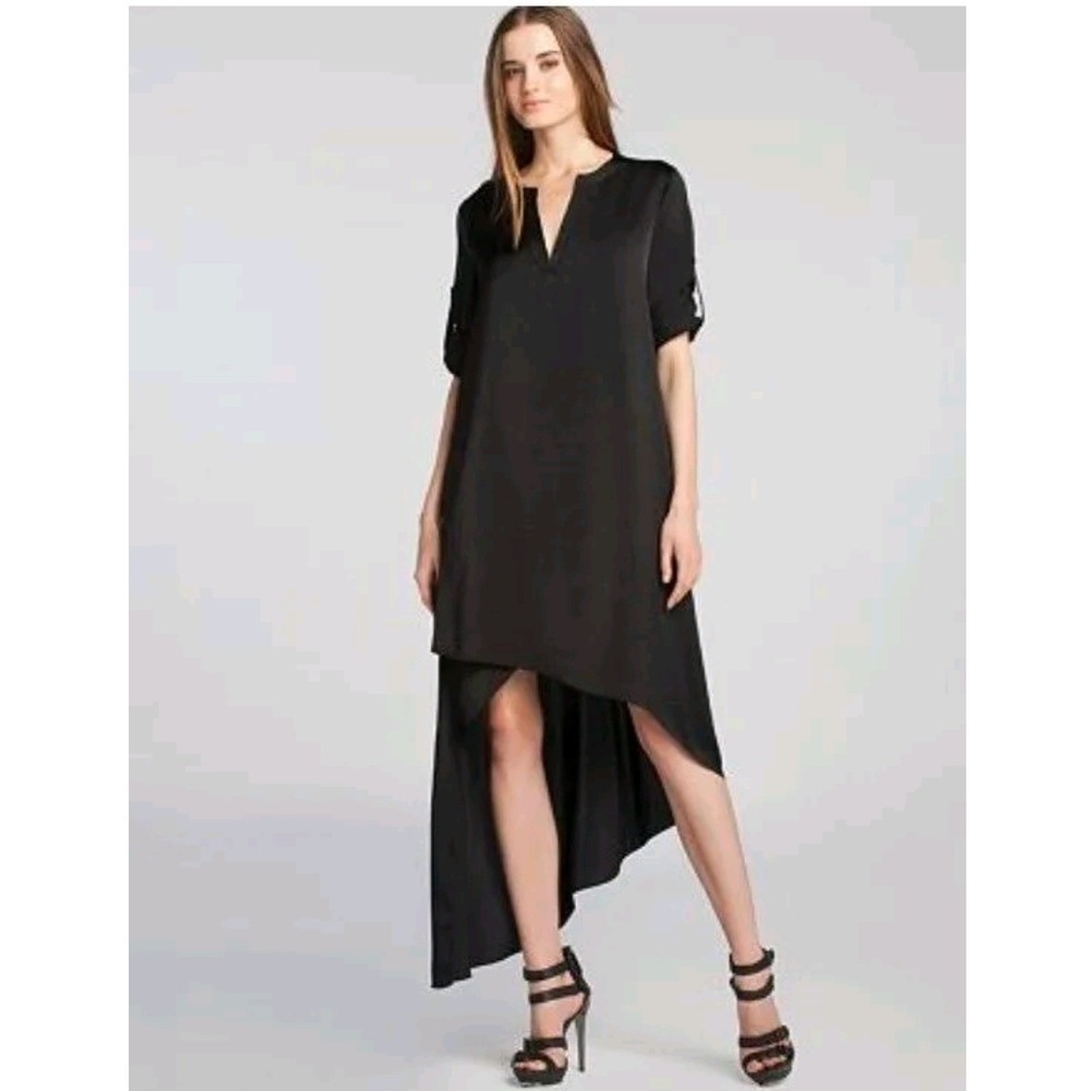 BCBGMAXAZRIA Eddie Asymmetrical Black Satin Dress Long Sleeve V-Neck Small